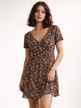 Rabbit Rabbit Rabbit Black Floral V-Neck Mini Dress with Pink and Cream Blooms